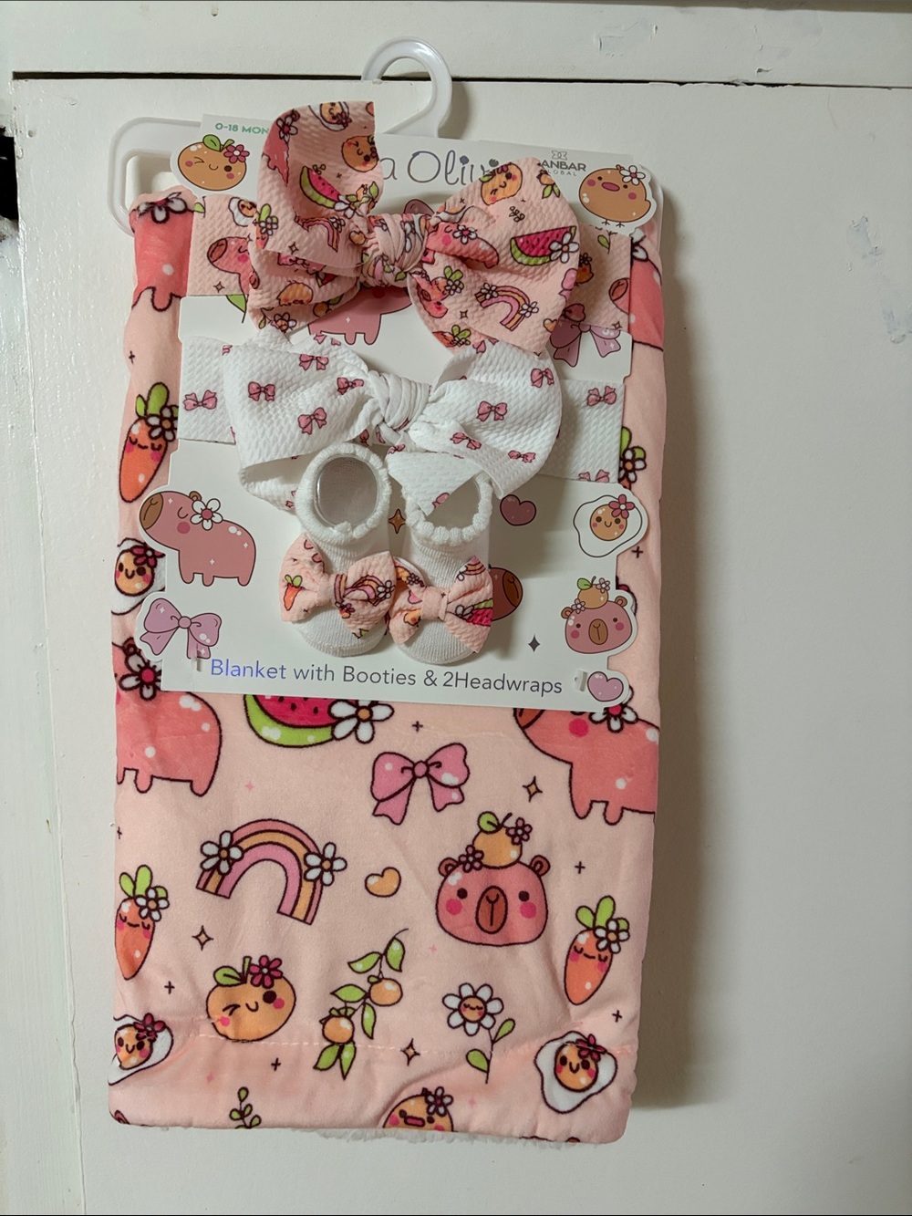 Baby Headwrap & Booties Set with Pink Printed Blanket